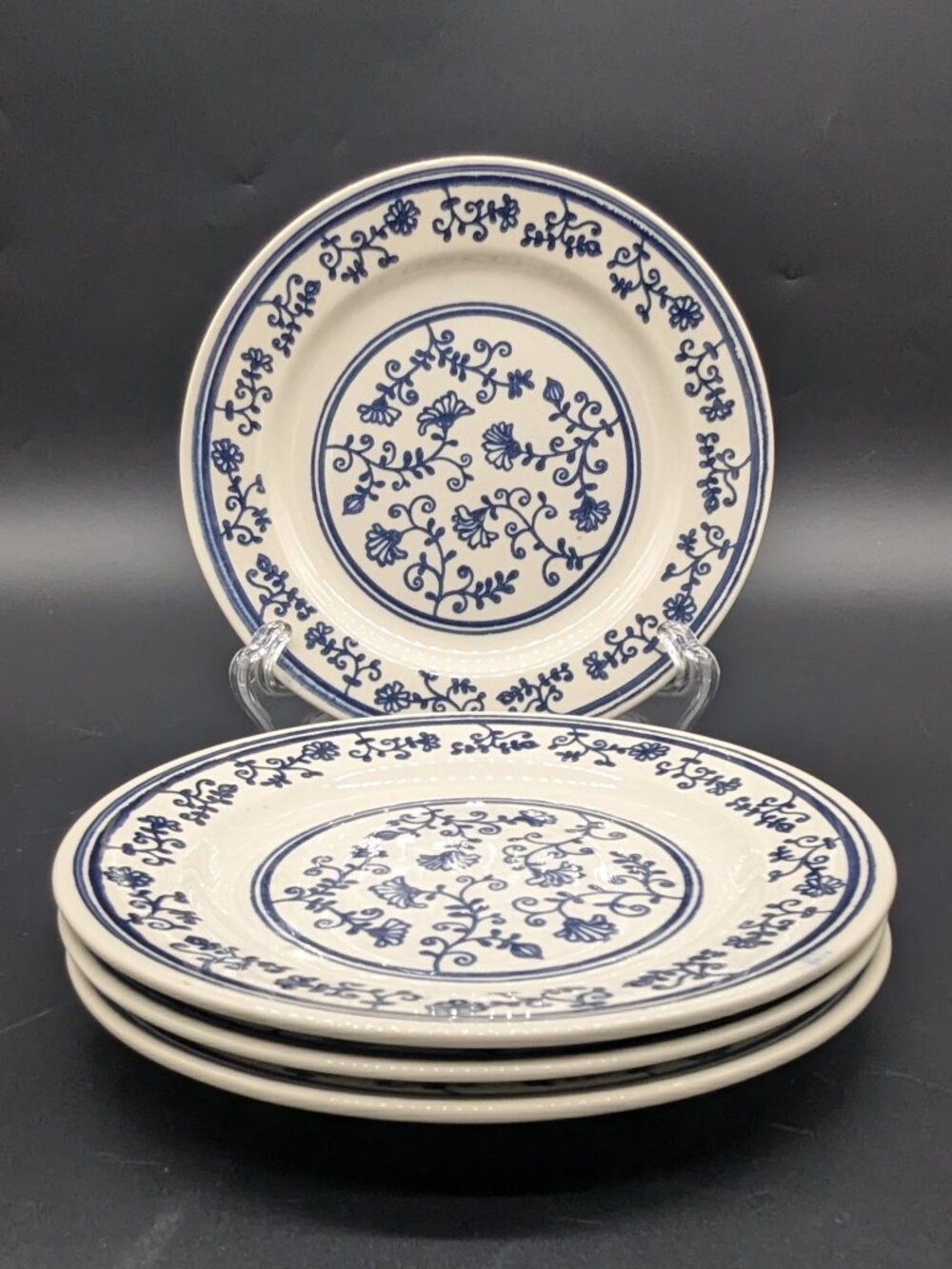 Homer Laughlin Sturbridge Four Dessert or Pie Plates White Blue Some Wear
